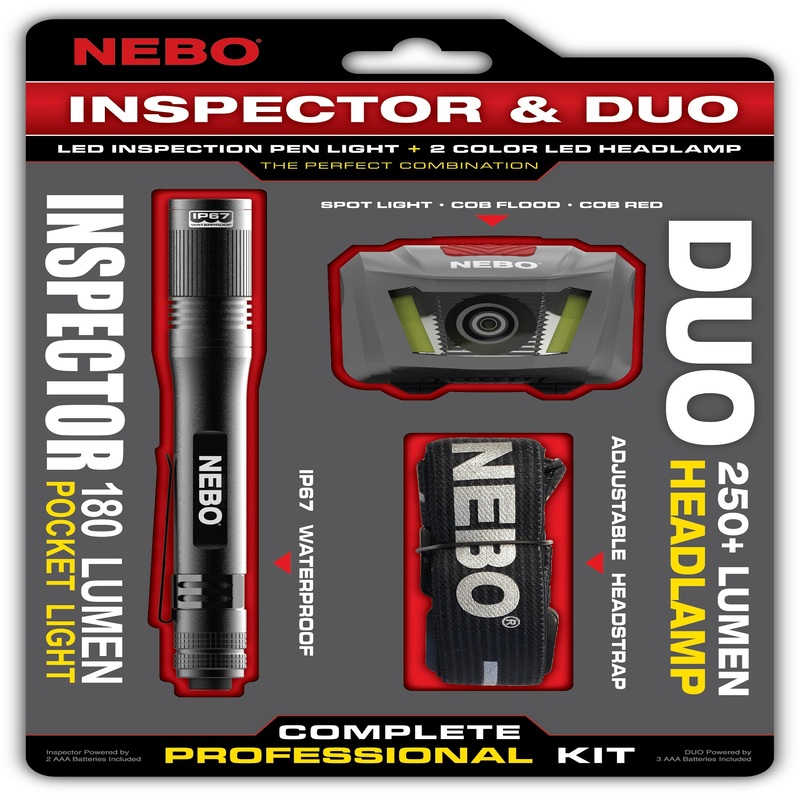 NEBO Inspector/Duo Black LED Flashlight/Headlight Combo Pack AAA Battery 6838