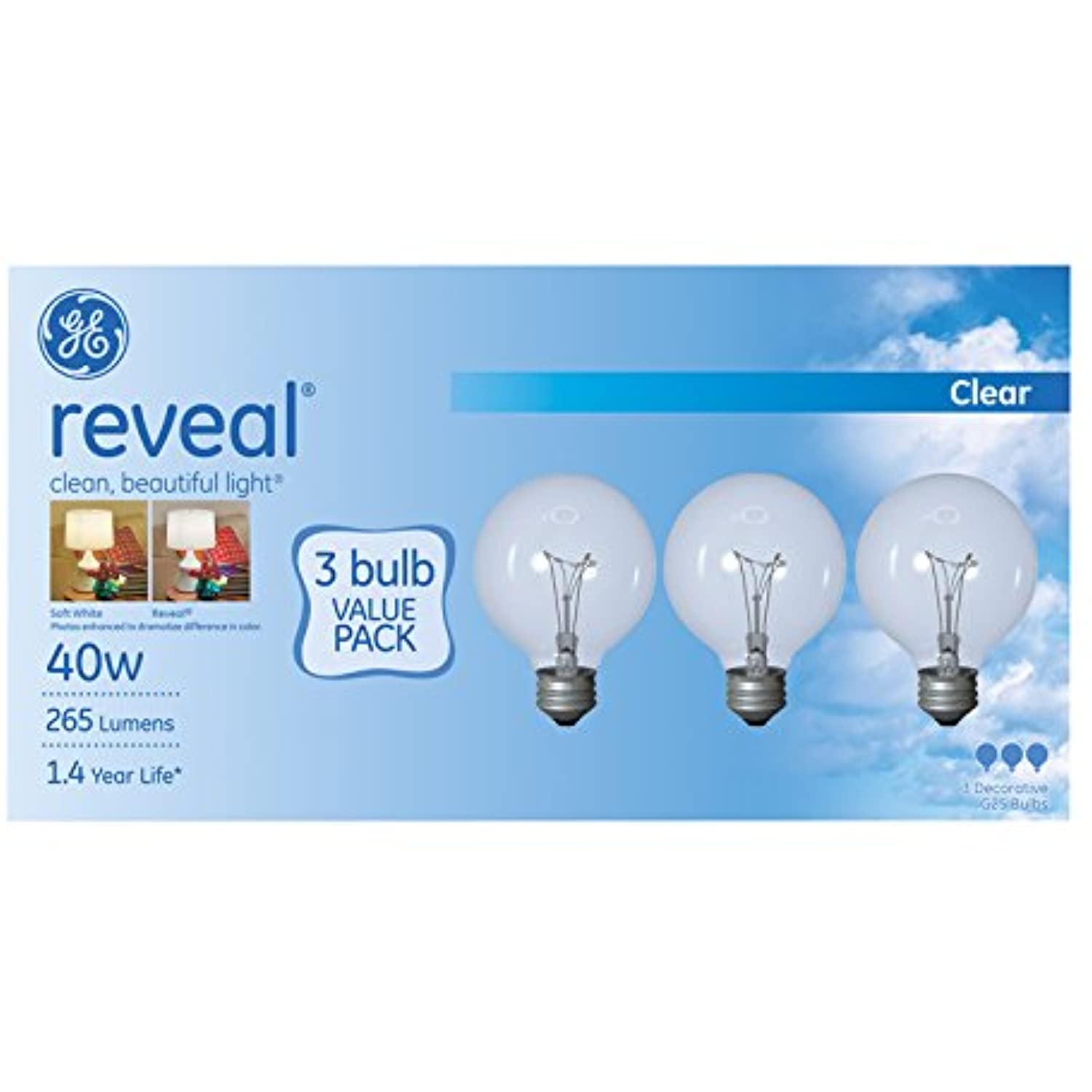 GE Reveal 40 W G25 Globe Incandescent Bulb E26 (Medium) Soft White 3 pk 11658