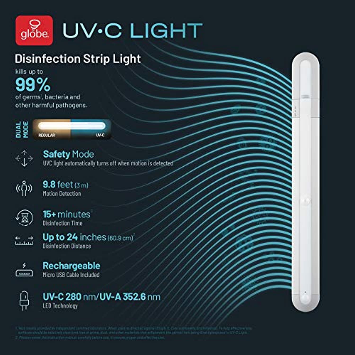 Globe Electric Disinfecting Germicidal Light 13.98 in. L White Battery Powered LED UV-C Disinfectant 26180 - Image 3