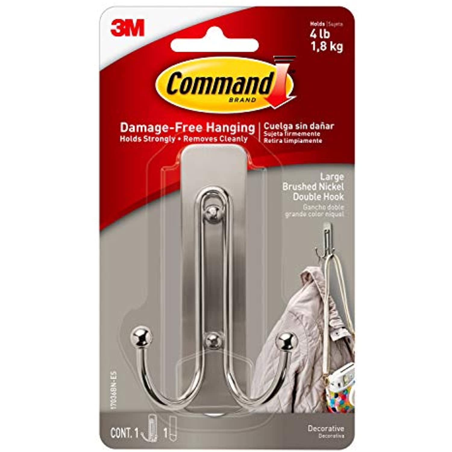 3M Command 2 in. L Brushed Nickel Metal Large Double Hook 4 lb.